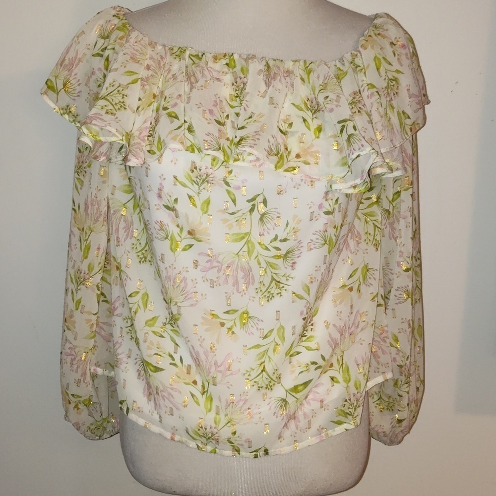 Lovecolette Longballoon Sleeve Pink Floral off white gold pink ruffle blouse Med